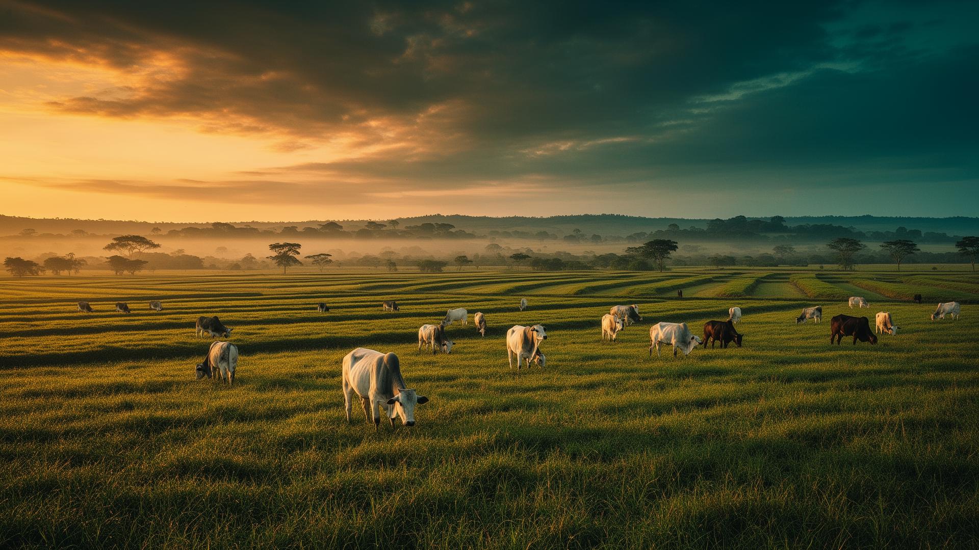 Pasto ao entardecer com gado em pastejo rotacionado